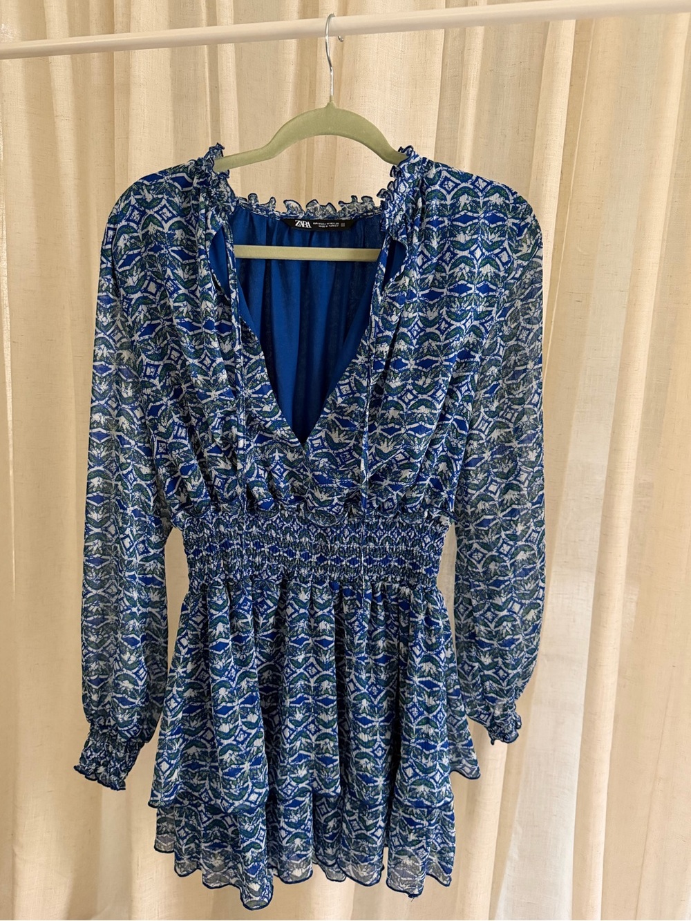 Zara Blue Printed Smocked Mini Dress